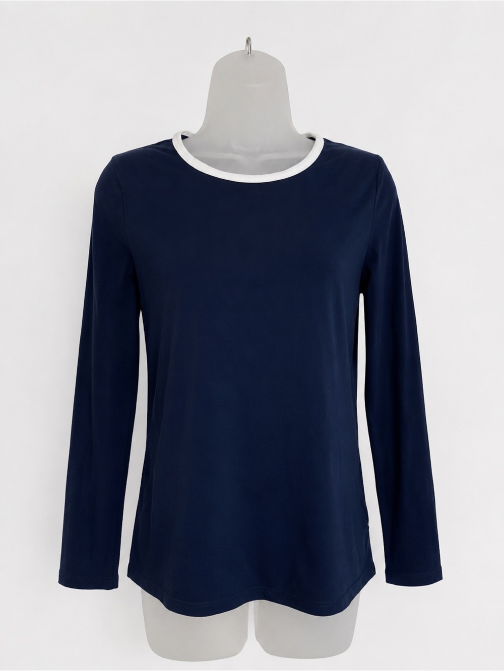 Lands’ End Navy Blue Top White Trim Long Sleeve Cotton Tee Women’s Medium